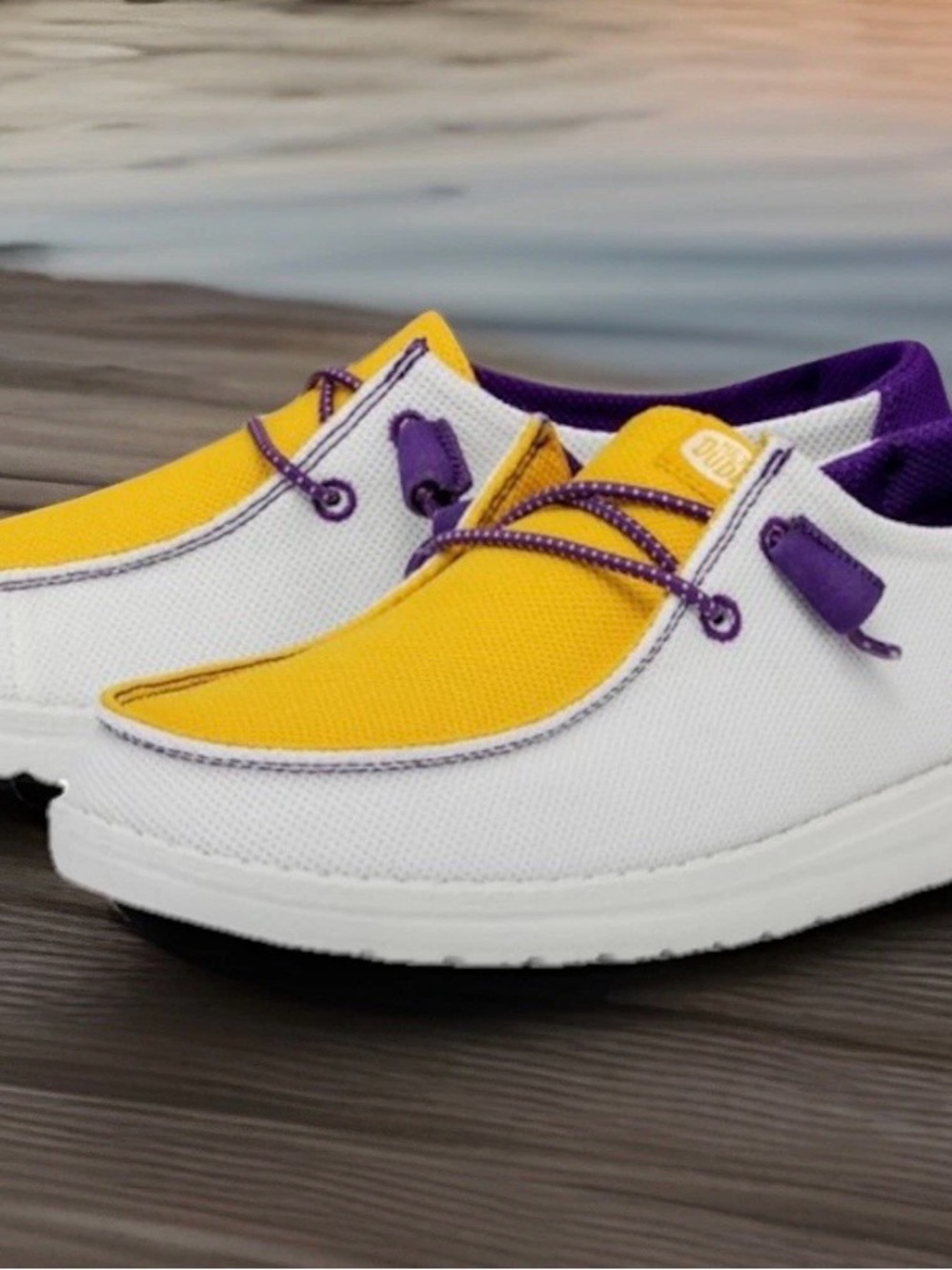 💜 Hey Dude Wendy LSU Purple Gold White Women’s Canvas Loafer Shoes 8 NEW - Picture 2 of 5